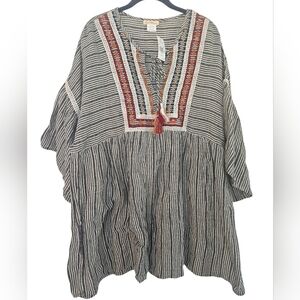 Sweet Magnolia Embroidered Boho Striped Peasant Shirt Women Plus Size 2XL - NWT